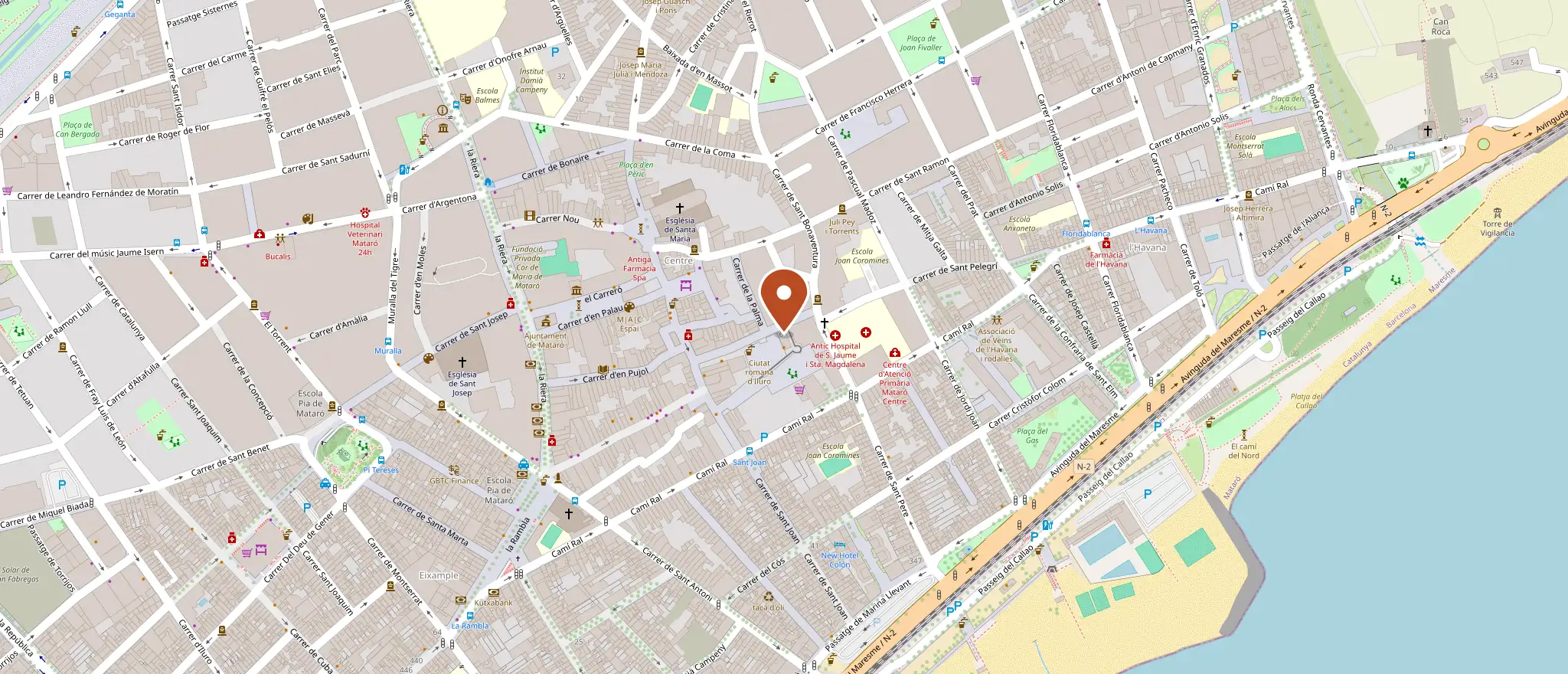 Plano del centro de Mataró con la oficina de Rutila señalada en la Baixada de les Espenyes